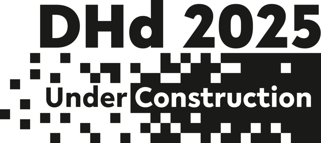 Logo der Veranstaltung DHd 2025, bestehend aus einer von links nach rechts sich aufbauenden Struktur aus schwarzen Pixeln. Darin enthaltener Text: "DHd 2025 | Under Construction"